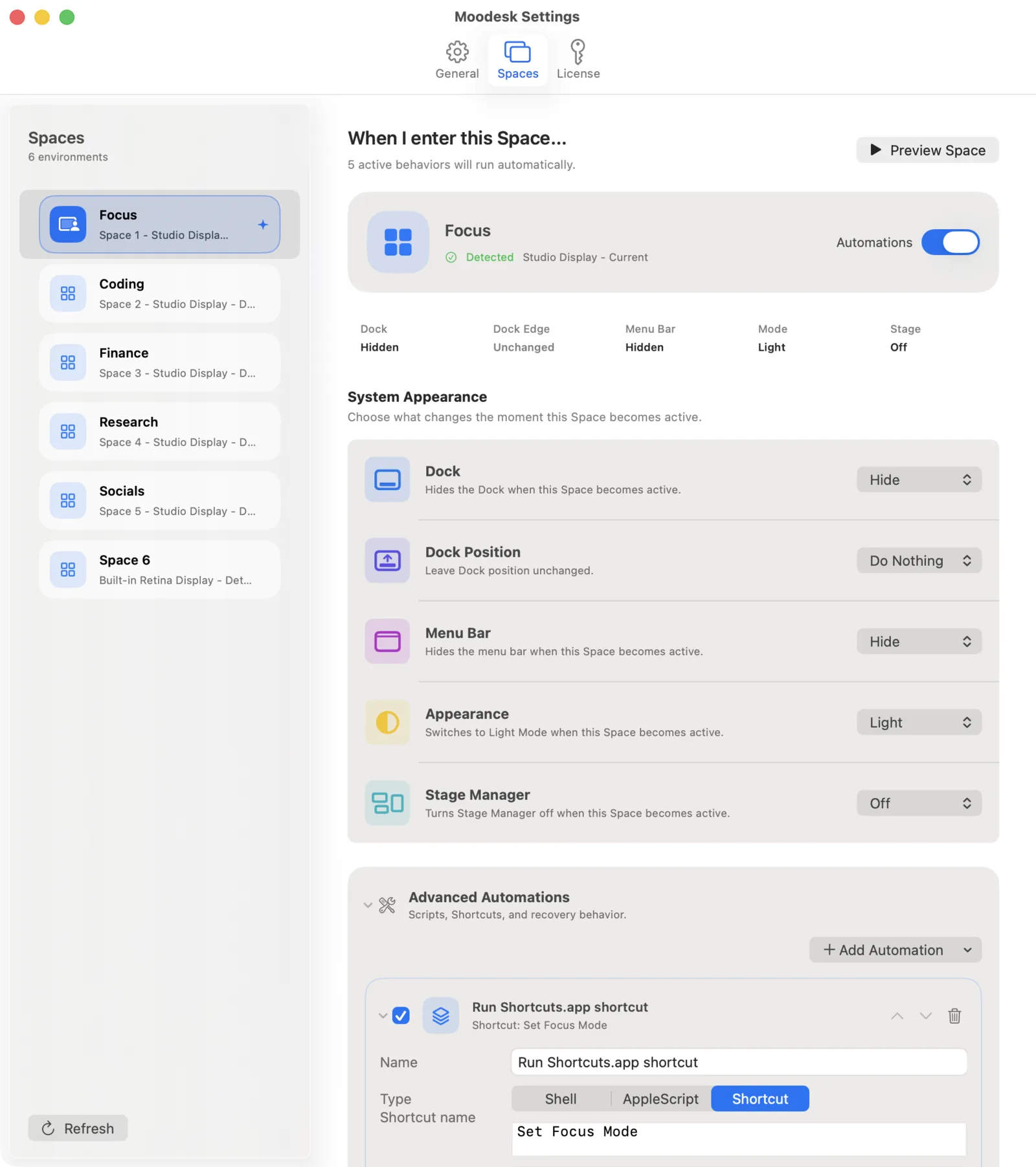 Moodesk space configuration showing per-Desktop settings
